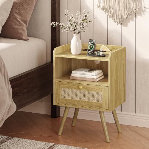Nightstand with Charging Station & Rattan