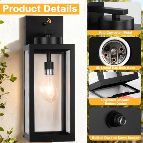20" Black Dusk to Dawn Outdoor Wall Lantern with Closed Bottom