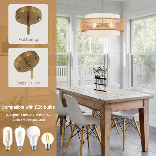4 Light Rattan Chandelier for Dining Room