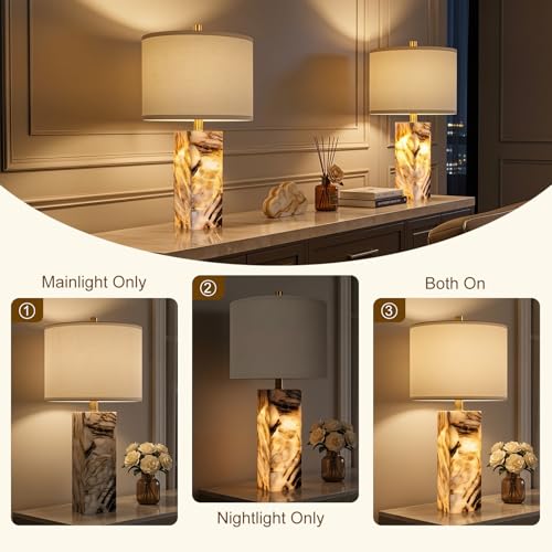 23" Alabaster Table Lamps Set of 2 with Night Light for Bedroom (2 Count)