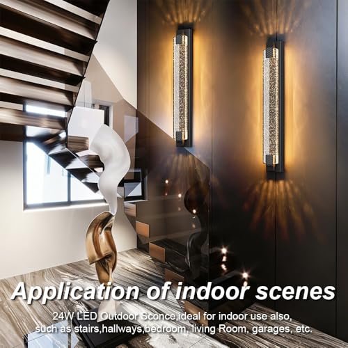 31.5in Modern LED Outdoor Wall Sconces Crystal Bubble Glass Black Exterior Lights
