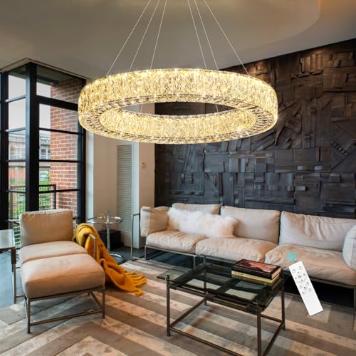 32 Inch Chandelier Glam Dimmable LED Crystal Chandeliers Luxury Round Pendant Lighting Fixtures for Dining Room Bedrooms Silver