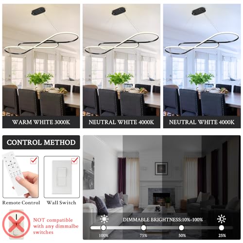 Modern LED Chandelier Black Dimmable LED Pendant Light for Dining Room Light Fixture Over Table Modern Kitchen Island Lighting High Ceiling with Remote for Living Room