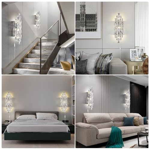 Modern Plug in Wall Sconce Crystal Wall Sconces Indoor Wall Lamp for Bedroom Chrome Light Fixture with Plug in Switch Vanity Wall Mount Lamps for Living Room Bedroom Bathroom Bedside Hallway
