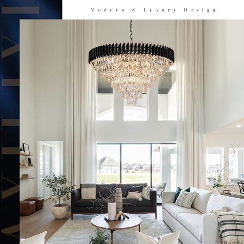 Modern Black and Gold Crystal Chandelier 35" Large Light for High Ceiling