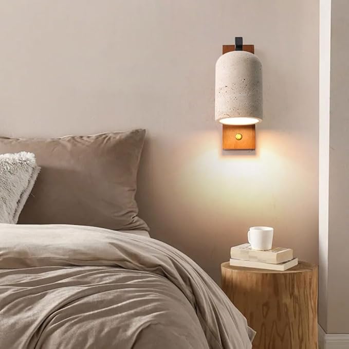 Modern Wall Mounted Vanity Lights for Bedroom & Living Room, Wabi-Sabi Style Walnut & Travertine Sconces, E26 Fixtures for Indoor Reading & Hallway Decor