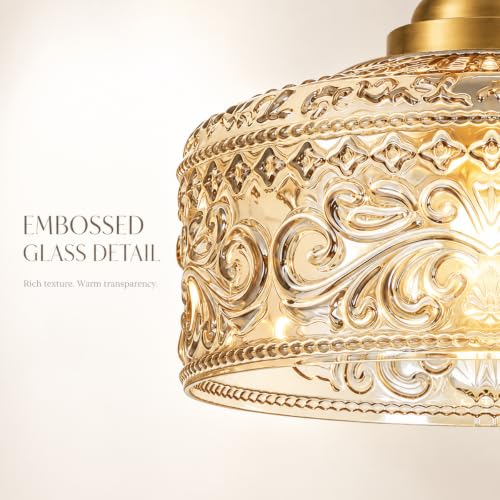 Brushed Gold Vintage Pendant Light Amber Glass Island Lights for Kitchen