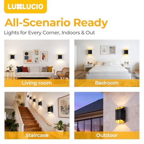 Black & Gold 7.9" Up & Down Indoor Outdoor LED Wall Sconce (Black&Gold / 2 pack)