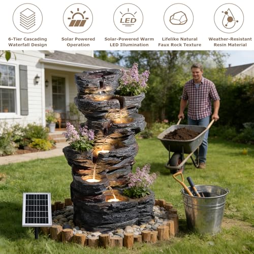 32.7" Tall Rock Solar Powered Water Fountain with LED Lights
