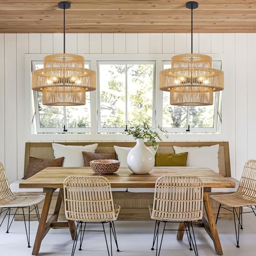 22" Boho Hand Woven Rattan Chandelier Light Fixtures for Dining Room