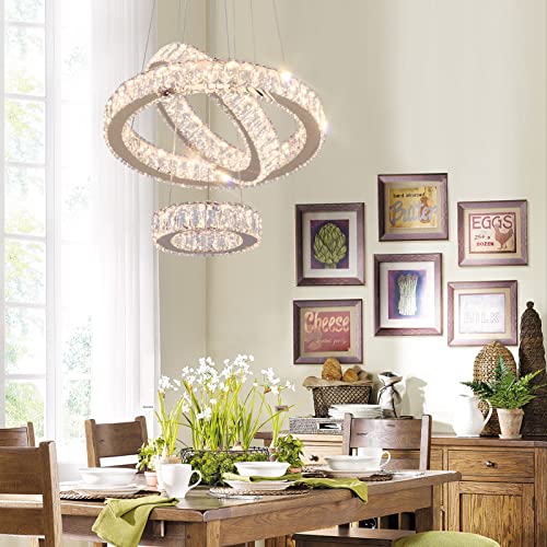 3 Ring LED Chandelier Modern Crystal Chandeliers LED Pendant Lights Gold Ring Chandelier for Bedroom Dining Room High Ceiling Foyer