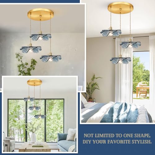 3 Cluster Chandelier Blue Glass Ceiling Pendant Light Fixtures Mid Century Adjustable Gold Brass Chandelier Lighting for Dining Room Living Room Kitchen