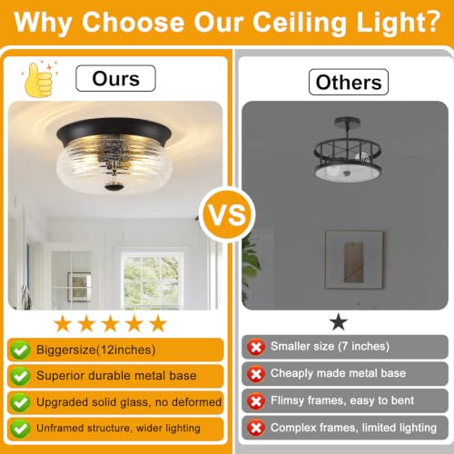 Black Flush Mount Ceiling Light Fixtures (Matte Black + Clear Air Bubble Glass(No Assembly Required))
