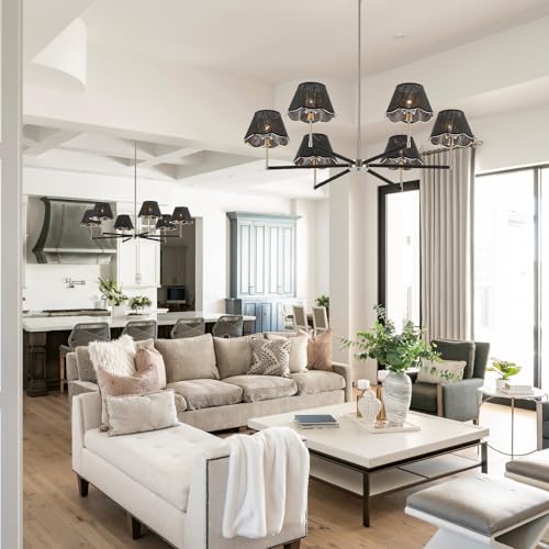 39" Boho Rattan Chandelier Large Adjustable Modern Black and Brushed Nickel Pendant Light for Kitchen Island Dining Living Room