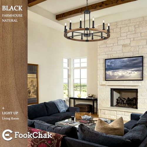 Farmhouse Wagon Wheel Chandelier 32" Wood Round Rustic Chandelier 12