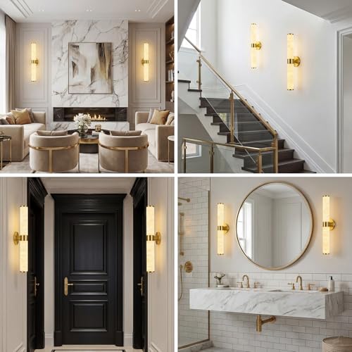 Natural Alabaster Wall Sconces Modern Gold LED Wall Lights 24" Spanish Marble Cylinder Sconces for Living Room Bedroom Bathroom Hallway