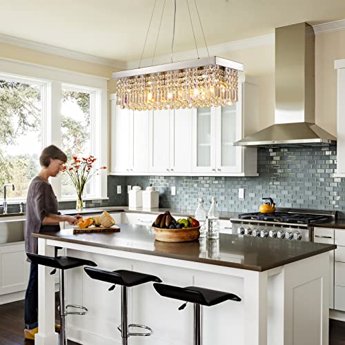Rectangle K9 Crystal Chandelier Modern Rectangular Pendant Light Fixture for Dining Room Kitchen Island Chrome L31.5 x W10 x H10