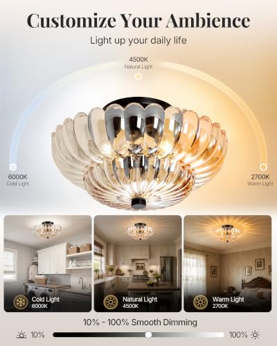 Semi Flush Mount Ceiling Light Fixture 11.8" Vinatge Black Ceiling Lights Amber Mid Century Modern Glass Close to Ceiling Lighting Fixtures for Bedroom Hallway Foyer Bathroom Kitchen Entryway