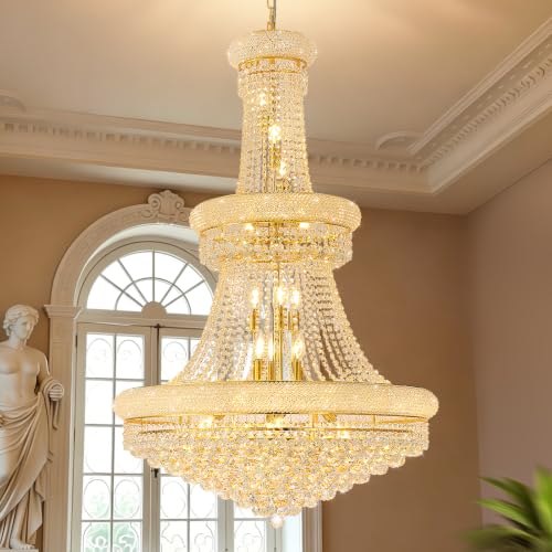 27 Lights High Ceiling Chandelier Modern Gold Crystal Chandeliers Large Foyer Chandelier Fixtures for Staircase Living Room Hallway Entryway