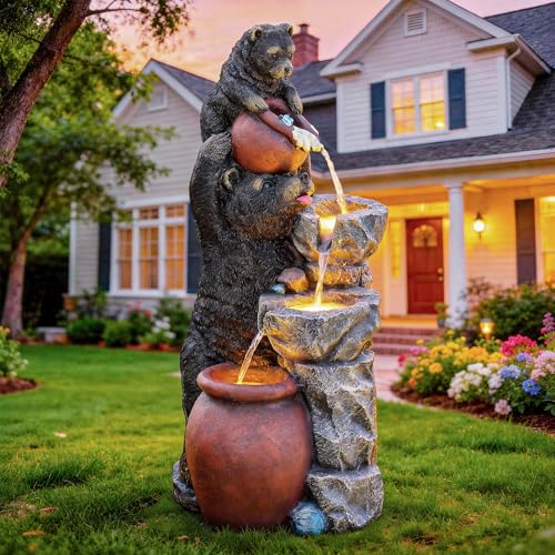38" H Playful Twin Bear Statue Outdoor Fountain with LED Lights