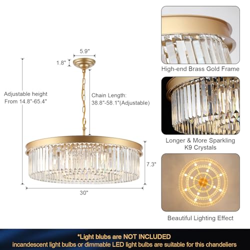Gold Crystal Chandeliers 30" Modern Round Chandelier Luxury Light Fixture