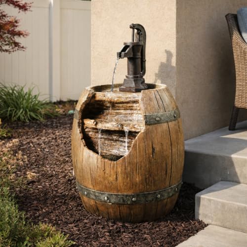 Vintage Barrel Waterfall Fountain with Pump for Outdoor Patio Garden Backyard Decking