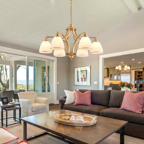 6 Light Modern Gold Chandelier with Frosted Glass Lampshade Height Adjustable Max 47" Hanging Ceilling Light for Dining Room Entryway Hallway Kitchen Foyer