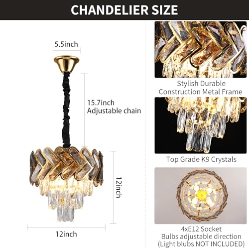 12" Gold Modern Crystal Chandelier Top K9 Round Crystals Chandeliers Adjustable Ceiling Light Fixture 3