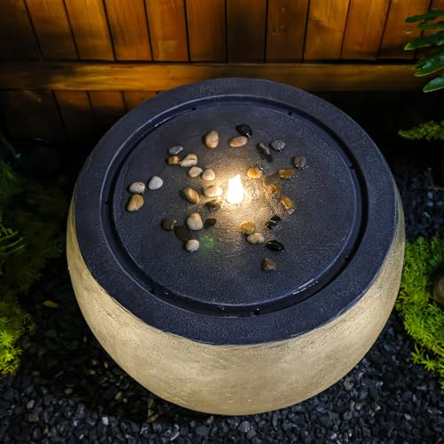 Garden Water Fountain Outdoor Large Round Bubbler Water Feature Indoor with Lights & Pump and Pebbles Concrete Effect for Patio Pool Pond Yard Home Decor Gray