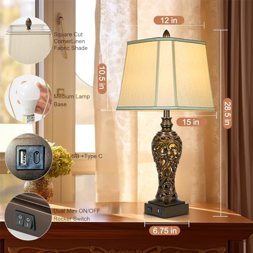 28.5" High Vintage Brown Table Lamps Set of 2 with Night Light (2 Count)