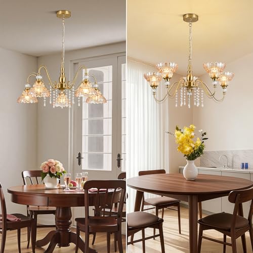 5 Light Vintage Chandelier in Brushed Gold Finish with Amber Flower (5-Light / Gold and Amber)