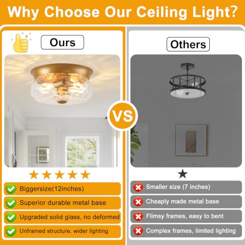 Gold Flush Mount Ceiling Light Fixtures (Gold-Clear Hammered Glass(No Assembly Required))