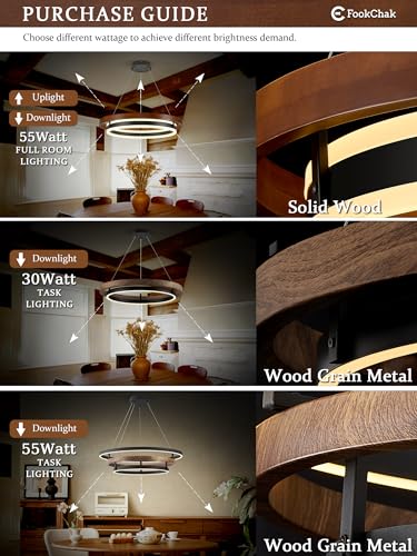 Modern LED Chandelier Black Wood Dimmable 3 Ring Foyer Entry Chandeliers
