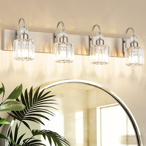 4 Light Crystal Vanity Light for Bathroom Brushed Nickel Modern Bathroom Light Fixtures