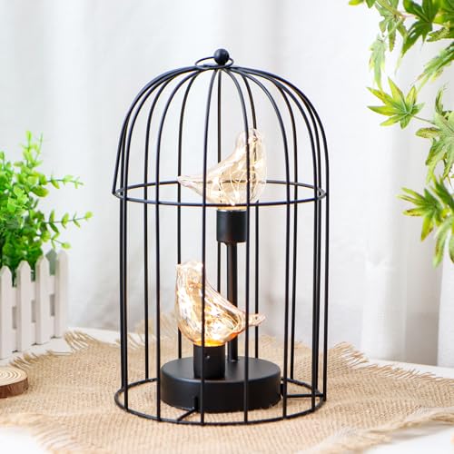 Birdcage Decorative Lamp Battery Operated 12" H Cordless Table Lamp with Warm White Fairy Lights Bird Bulb for Indoor Bedroom Living Room Home Wedding Xmas