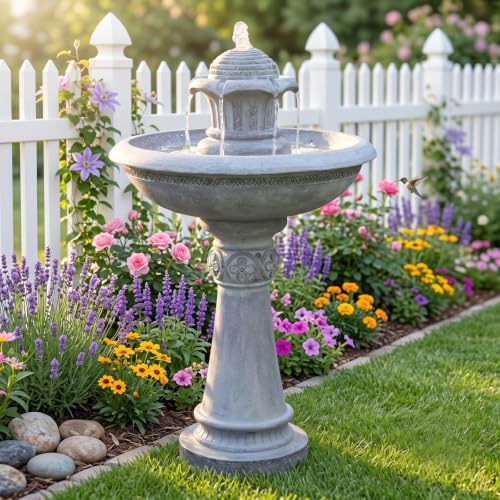 39.1H 2 Tier Outdoor Water Fountain with LED Lights Large Italian Resin Garden Fountain for Patio Yard Cascading Waterfall Feature with Quiet Pump Gray