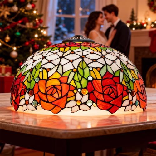 16 Inch Rose Tiffany Style Vintage Stained Glass Lamp Shade Replacement Only with Cap Fit for Bedside Reading Lamp Study Light Kitchen Dining Room Floor
