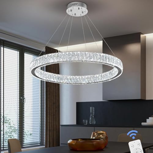 Modern LED Dimmable Crystal Chandelier 31.5" Ring Pendant Light Adjustable Round Chrome Crystal Chandelier Light Fixtures for Dining Room Living Room