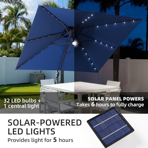 9x9 FT Cantilever Offset Patio Umbrella with Lights & Base