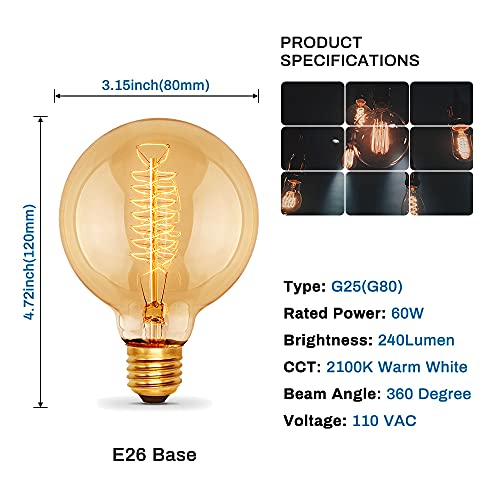 G25(G80) Globe Bulb Edison Light Bulbs, 60W Retro Incandescent Bulb, E26 Medium Base, 240 Lumens 2100K Warm White, Dimmable Home Light-4Pack (4 Count)