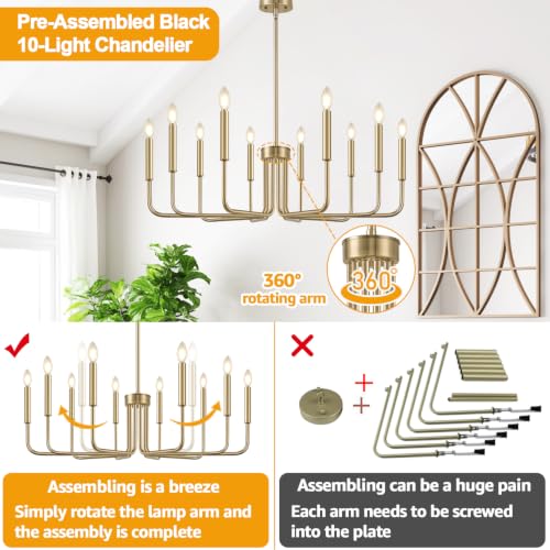 Brass 10 Light Farmhouse Chandelier for Dining Room Lighting Fixtures Hanging