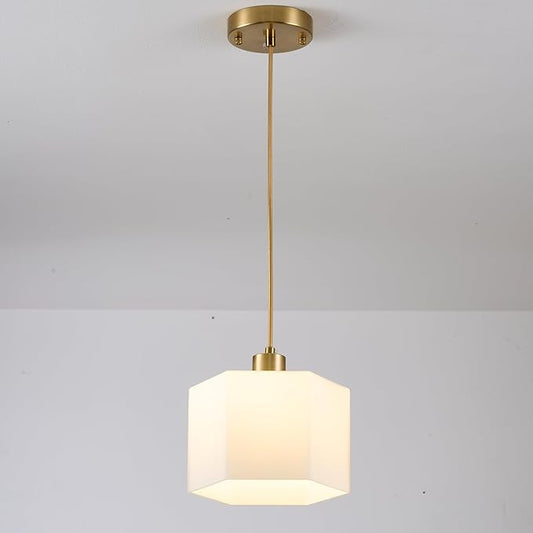 1 Pack Milk Glass Pendant Lights Kitchen Island, Modern Gold Hanging Light Fixture, Mid-Century Hexagonal Ceiling Lamp, Mini Farmhouse Chandelier for Dining Room Sink Bathroom Bedroom Hallway