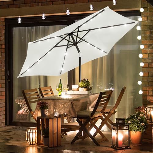 7.5 ft Solar Umbrella 18 LED Lighted Patio Umbrella Table Market Umbrella with Tilt and Crank Outdoor Umbrella for Garden