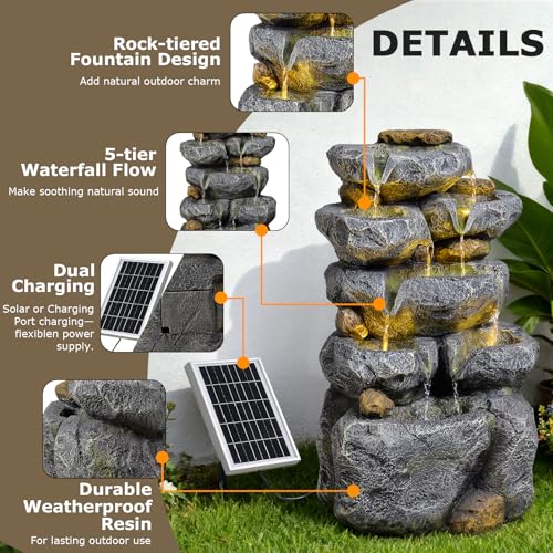 24" Tall Solar Powered Water Fountain Cascading Rock Waterfall (5 Count)