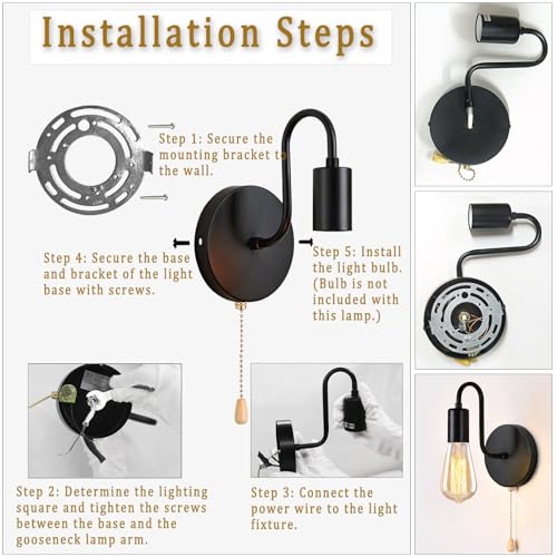 Hardwire Black Pull Chain Wall Light Fixture