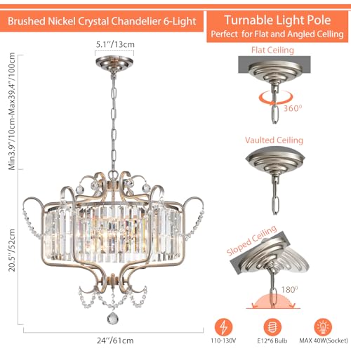 Modern Crystal Chandelier for Dining Room 24" Brushed Nickel Light Fixtures 6 (6 Count)