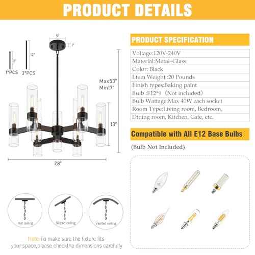9-Light Black Farmhouse Chandeliers for Dining Room Light Fixture 28" | Modern Chandelier Over Table with Clear Glass Cover for Living Room Kitchen Island Bedroom Foyer Hallway Bathroom Restaurant