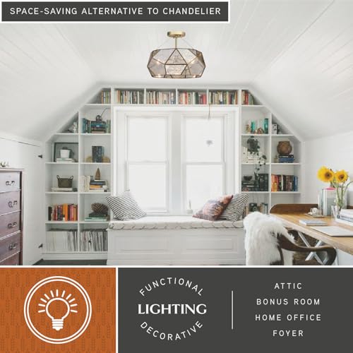 Euclid 16 in W Gold Aged Brass Contemporary Geometric Semi Flush Mount Ceiling Light Fixture with Silver Mercury Glass Shade