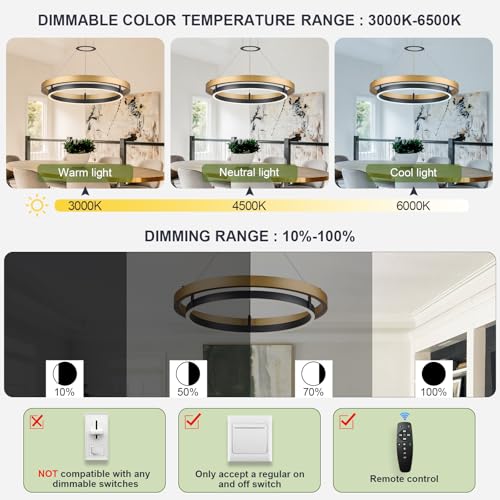 Modern LED Chandelier Black Gold Dimmable Circular LED Pendant Light with Remote Ring Chandelier Dining Room Light Fixtures for Kitchen Island Living Room Entryway
