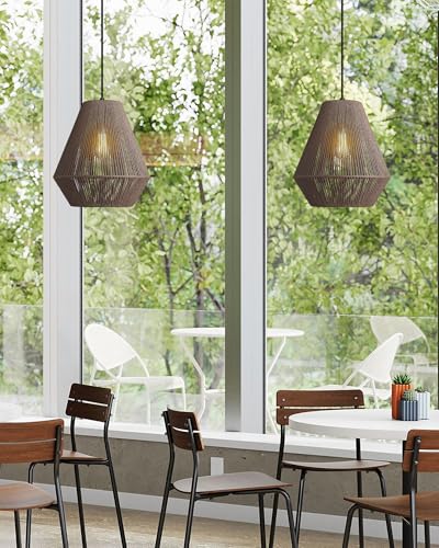 12” Woven Japandi Pendant Light for Kitchen Island Boho Hanging Lamp with Handwoven Rattan Basket Shade Adjustable Pendant Light Fixtures for Dining Room Bar Bedroom Foyer Hallway Dark Brown